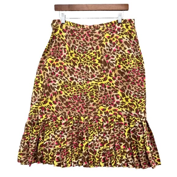 Audrey B Midi Skirt Womens Yellow Pink Cheetah Pleated Side Zip Lined Size 14 - Picture 2 of 11